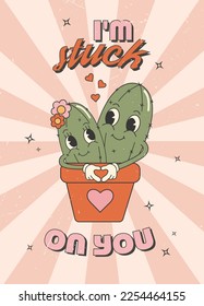 Retro groovy valentines day greeting card, banner, poster, invitation, background. Cute cactus
