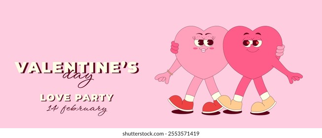 Retro Groovy Valentines Day, Love Party Invitation. Lovely and cute walking heart characters in retro groovy style. Vector horizontal banner, pink colors
