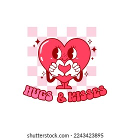 Retro groovy Valentines day quote. Hugs and kisses. Vector illustration.