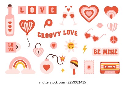 Retro groovy valentines day sticker set in style 60s, 70s. Trendy vintage icons isolated on a white background. Vector illustration