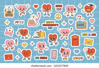 Retro Groovy Valentines day stickers set with slogans about love. Groovy hearts. Trendy 70s cartoon style.