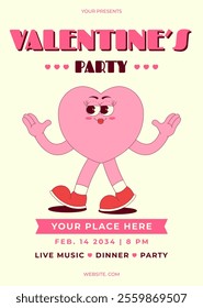 Retro Groovy Valentines Party Invitation. Lovely and cute walking heart character in retro groovy style. Love concept. Vector vertical banner, pink colors