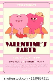 Retro Groovy Valentines Party Invitation. Lovely and romantic couple hearts characters on bench in retro groovy style. Love holiday concept. Vector vertical banner, pink colors