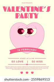 Retro Groovy Valentines Party Invitation. Lovely and cute heart character with face in retro groovy style. Love holiday concept. Vector vertical banner, pink colors