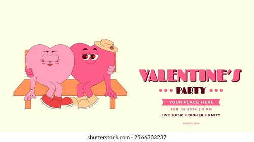 Retro Groovy Valentines Party Invitation. Lovely couple hearts characters on bench in retro groovy style. Love holiday concept. Vector horizontal banner, pink colors