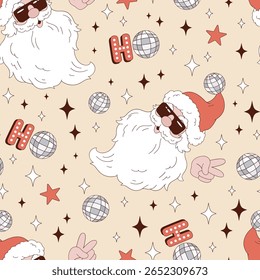 Vetor Groovy retrô padrão sem costura com cabeça de Papai Noel em óculos de sol mostrando sinal de paz na festa de Natal Disco. Perfeito para embrulho de presente de férias, vestuário festivo, convites de festa e funky