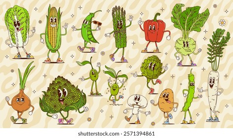 Retro groovy vegetable characters of vector farm food. Cartoon hippie pepper, onion, corn and mushroom, olives, beans and pea. Vintage groovy napa cabbage, kohlrabi, daikon and artichoke vegetables