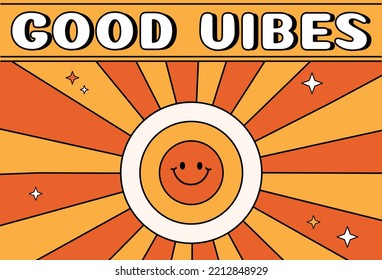 Retro groovy vibes. Positive and optimistic, hallucinations. Poster or banner for website in hippie style. Sun with rays, good mood. Back to 1970s and 1980s. Cartoon flat vector illustration