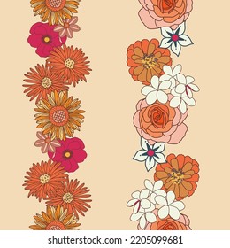 Retro Groovy Vintage Florals Vector de bordes verticales sin inconvenientes 