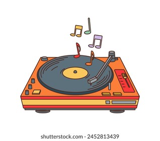 Retro groovy vinyl music player or 70s hippie symbol, cartoon vector. Groovy vintage vinyl disk player with rainbow notes, funky hippie and 70s style cartoon art element for hipster funky sticker