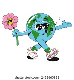 Retro groovy caminando feliz planeta Tierra personaje con una flor. Dibujos animados de los años 60, 70 vintage pegatina Día de la Tierra. Concepto del Día Mundial del Medio Ambiente. Ilustración vectorial en estética Y2K. Trazo editable.