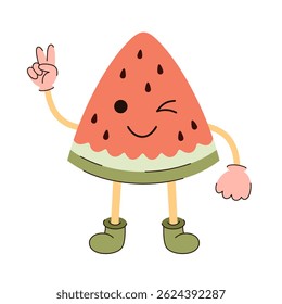 Retro groovy watermelon, cute cartoon seasonal fruit. Fruit character, summer hand drawn vector illustration in flat style