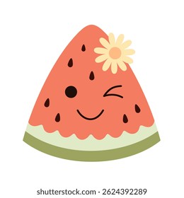 Retro groovy watermelon, cute cartoon seasonal fruit. Fruit character, summer hand drawn vector illustration in flat style