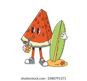 Retro groovy Wassermelone Slice Charakter. Vereinzelte Vektorgrafik-Cartoon-Frucht-Figur mit tropischem Getränk und Surfbrett, steht an einem Sandstrand mit Seestern, verströmt eine verspielte und entspannte Sommeratmosphäre