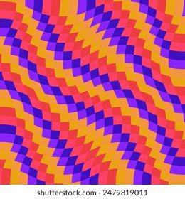 Retro groovy wavy background. Psychedelic checkerboard Y2K 80s  twisted and distorted vector texture 