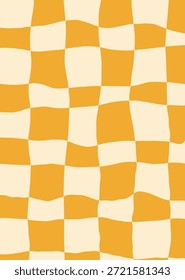 Ilustración vectorial de fondo de patrón de tablero de ajedrez ondulado retro en amarillo mostaza y crema, rejilla de Tablero de damero de urdimbre distorsionada de Trippy para Diseño web estético psicodélico de los años 70