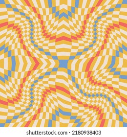 Tablero retro Groovy Wavy Psychedelic Checkerboard sin fisuras. Compruebe el fondo del año 2000 para estacionario, textil de moda. Ilustración vectorial plana.