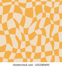 Retro Groovy wavy psychedelic checkerboard in pale pastel colors. Y2K, phone case background from the 90s. Hippie chessboard template. Psychedelic retro design from the 60s 70s.