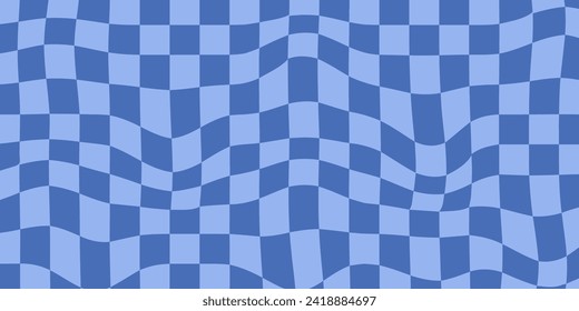 Retro Groovy Wavy Psychedelic Checkerboard Y2K Background. 60s 70s 90s Check Blue Color Backdrop