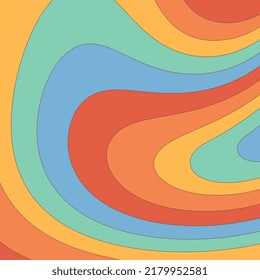 Retro groovy wavy rainbow background. Background in the style of the 70s and 80s. Abstract vintage colorful design. Hand-drawn vector flat illustration.