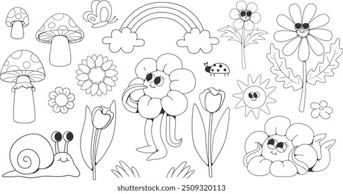 Retro groovy whimsical stickers set