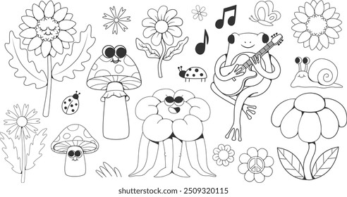 Retro groovy whimsical stickers set