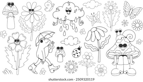 Retro groovy whimsical stickers set