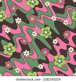Retro Groovy Wiggly Streifen Vektor nahtlose Muster. Psychedelische Linien. Nostalgischer Hintergrund. Monochrome Trippy-Geo-Print.