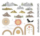 Retro groovy wild nature mountains landscape sky celestial objects vector illustration set isolated on white. Mountain hill peak rocks bald eagle sun clouds rainbow moon stars print collection. Happy