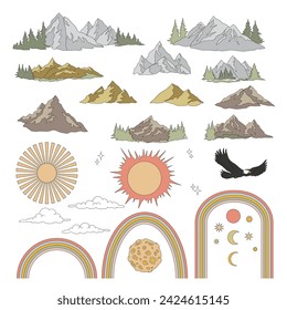 Retro groovy wild nature mountains landscape sky celestial objects vector illustration set isolated on white. Mountain hill peak rocks bald eagle sun clouds rainbow moon stars print collection. Happy