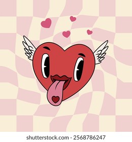 Retro groovy winged heart character. Tongue and lips. Valentines day mascot. Vector illustration.