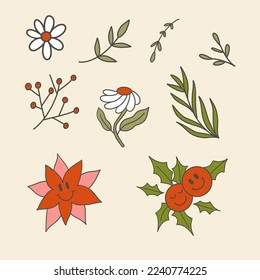 Retro Groovy Winter Botanicals Vector Isolated Elements Set
