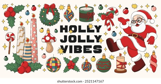 Retro groovy winter elements set. Christmas holiday items collection. Garland, candles, toys and wreath, holly branch and santa claus character. Vector illustration, editable stroke.