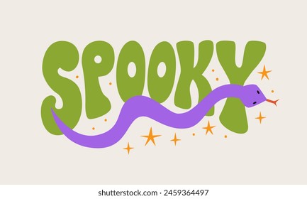 Retro groovy word spooky and snake. Vector flat illustration in hippie 1970s style
