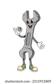 Retro groovy wrench tool character. Isolated cartoon vector friendly, repair hardware instrument personage with smiling face and sneakers, holding a nut, exuding a helpful and approachable vibe