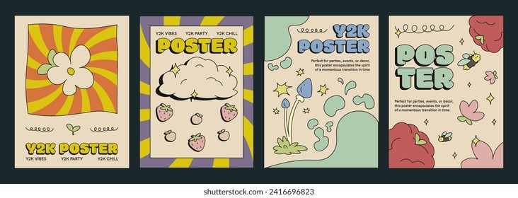 Retro groovy y2k poster with cartoon cute psychedelic sticker and sunburst background. Vintage funky banner design with flower and mushrooms, strawberry rain from clod, bees flying near berries.