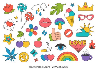 Retro groovy y2k stickers set elements in flat graphic design. Bundle objects of funky signs with flowers, lollipop, cloud, leaf, love, kiss, mushroom, rainbow and other. Vector illustration.