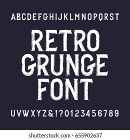 Retro Grunge Alphabet Font. Distressed Letters And Numbers. Vintage Vector Typeface For Your Design.