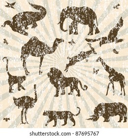 Retro grunge background with animals silhouettes