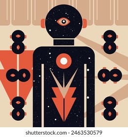 Retro grunge background art featuring design principles with stardust, bright shining stars, and a unique orange, black, and white palette. Highlights include a single eye structure and alien motif.