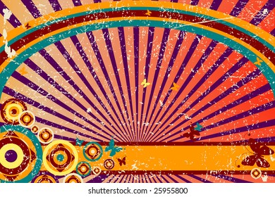 Retro grunge background with concentric circles and rays