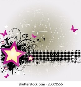 Retro grunge background with star and butterflies