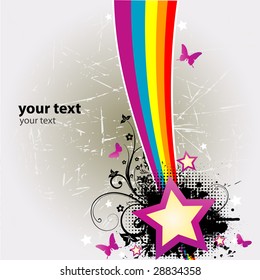 Retro grunge background with star, rainbow and butterflies 4