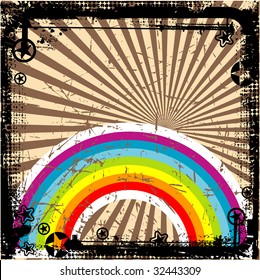 Retro grunge background with star and rainbow