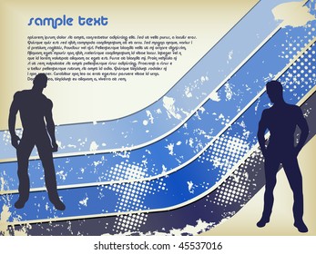 Retro Grunge Background with two boys silhouettes. Editable Vector
