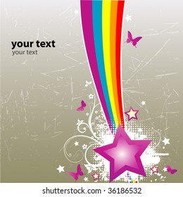 Retro Grunge Background with violet star, rainbow and butterflies