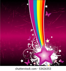 Retro Grunge Background with violet star, rainbow and butterflies