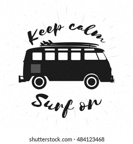 Retro grunge black and white bus with surfboards and lettering. Surfing concept. Vector illustration.