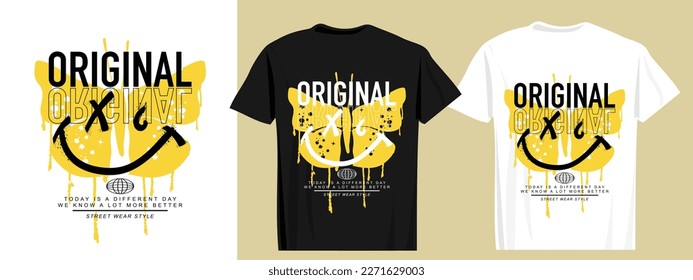 Retro grunge butterfly drawing, smiling emoji face, cool slogan text. Vector illustration design for fashion graphics, t shirt prints.