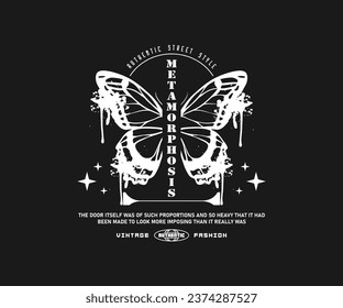 Retro grunge butterfly dripping drawing, for streetwear and urban style t-shirts design, hoodies, etc.